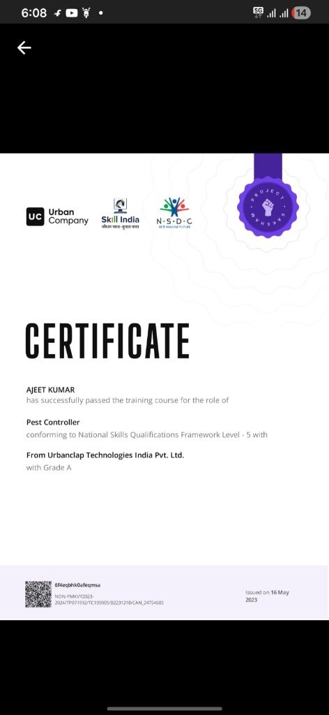 Skill India NSDC Pest Controller Certificate – Ajeet Kumar, Grade A